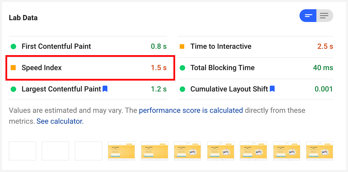 google pagespeed insights speed index