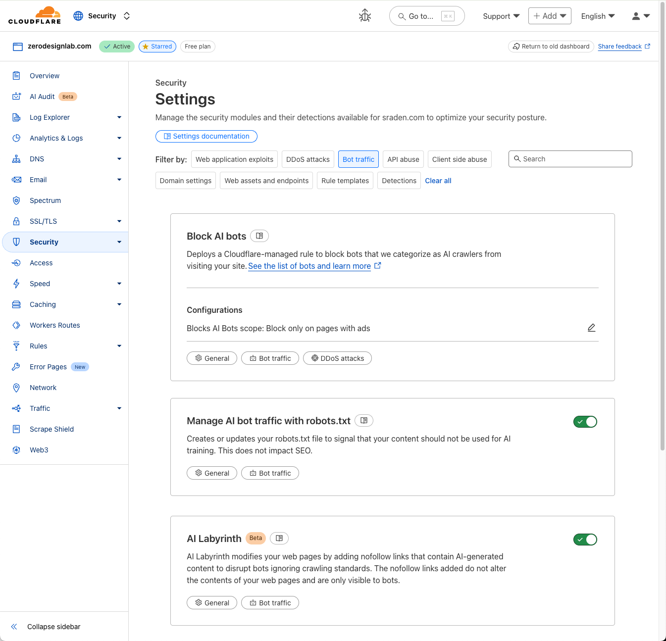 Cloudflare AI scraper settings