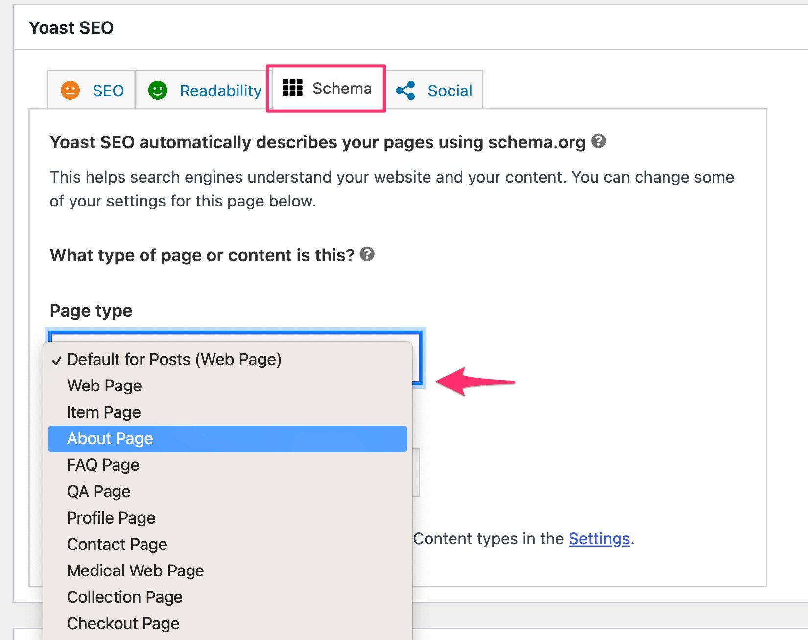 Schema page type in WordPress